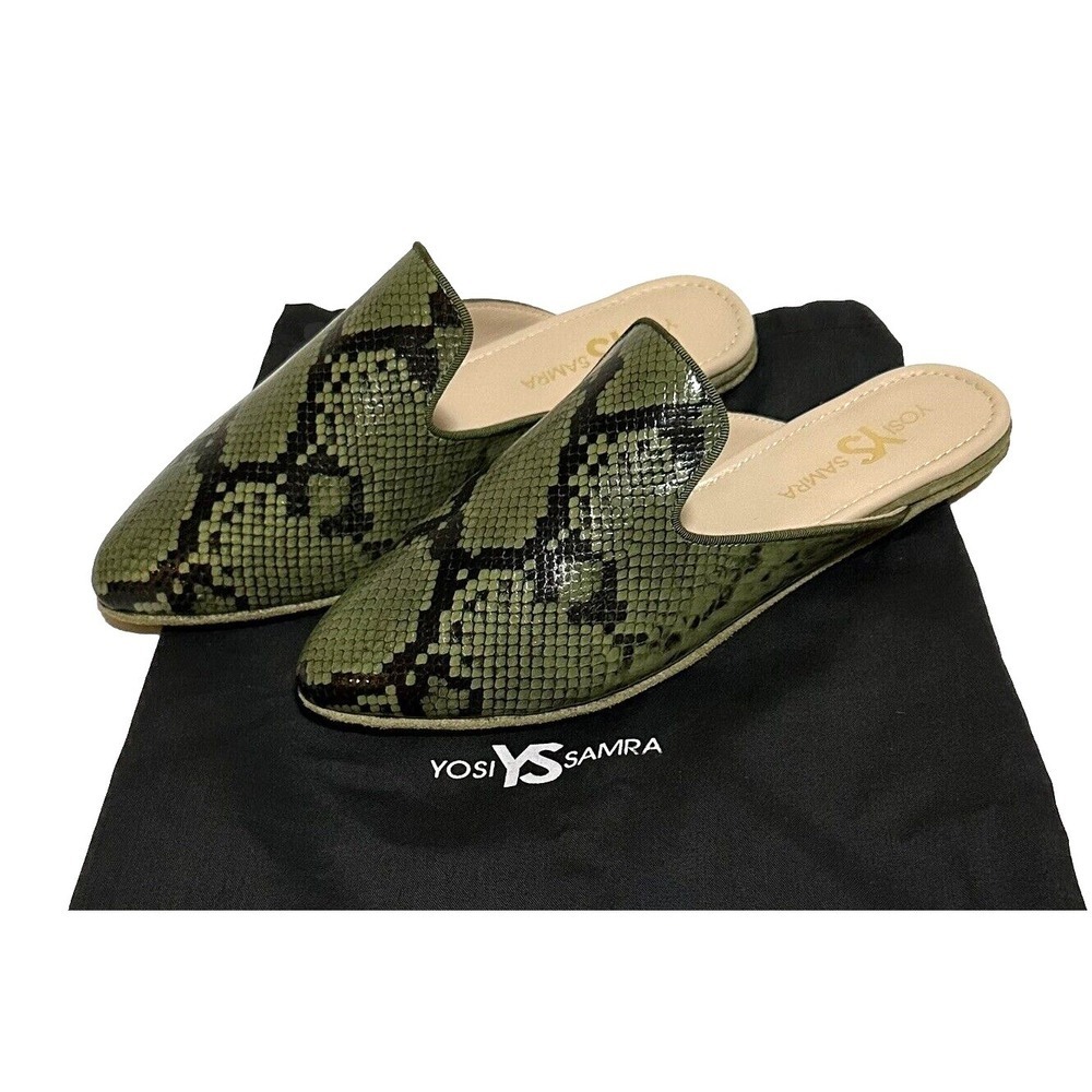 Yosi Samra Mule Women's Size 7 Vidi Snake Print Embossed Green Leather